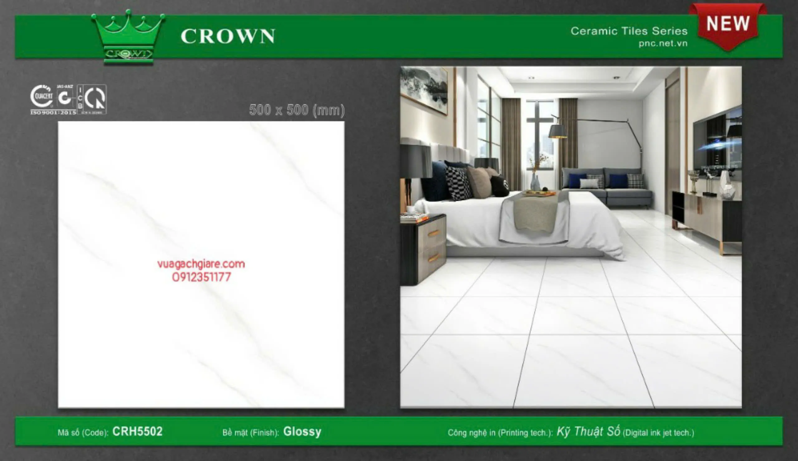 Gạch Men 50x50 Lát Nền Crown Giá Rẻ trắng vân khói CRH5502